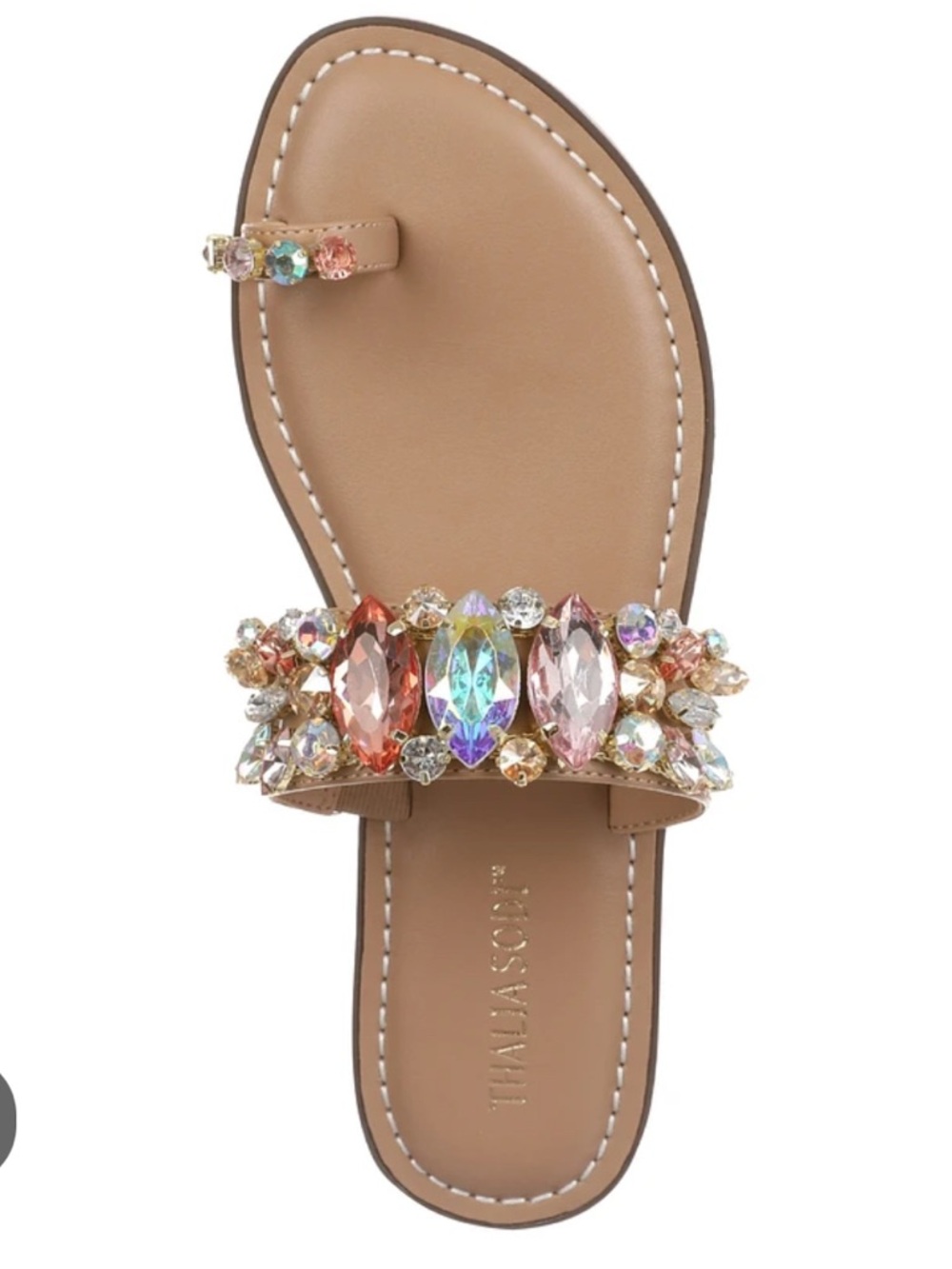 Thalia Sodi Weylin Crystal-Embellished Tan Slide Sandals